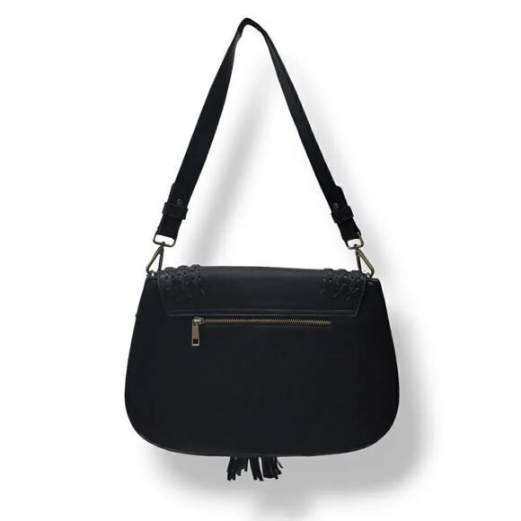 Antik Kraft Vegan Leather Studded Fringe Saddle Bag in Black - Picture 2 of 7